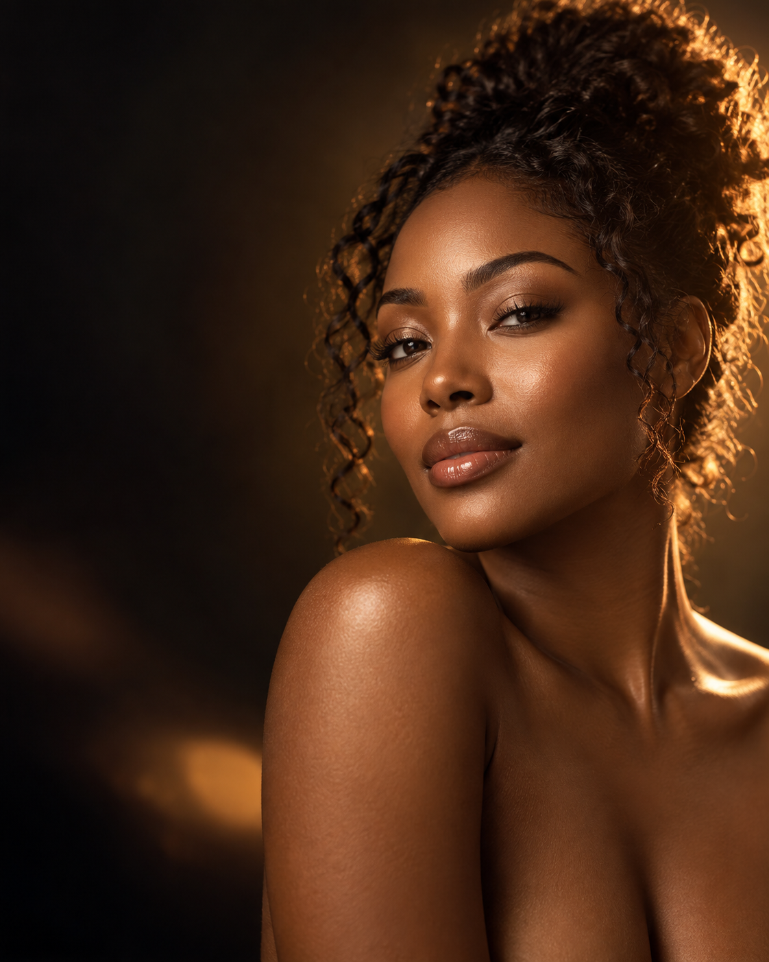 Woman with luminous skin in warm golden light